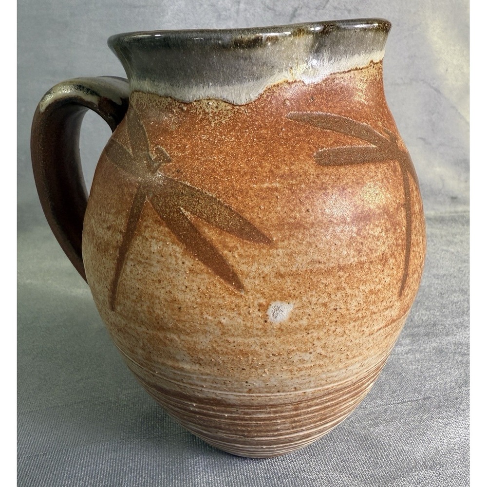 Studio‎ Art Pottery Dragonfly Stamped Handle Pitcher Orange Textured Finish 7.5"